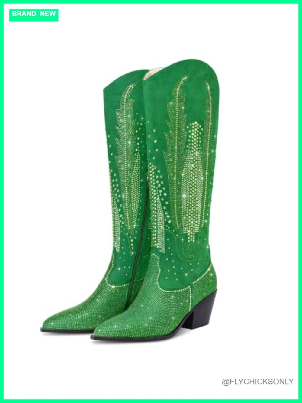 Knee High Cowboy Boots Women Rhinestone Bling Pointed Toe Chunky Heel Pull On